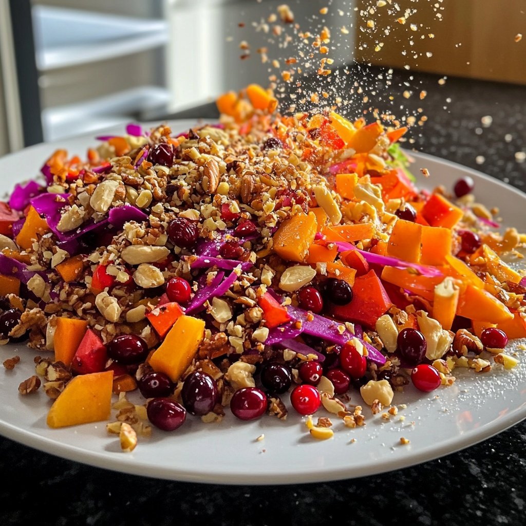 Wintersalat mit Butternutkürbis Rosenkohl Cranberries Pekannüssen und Roter Bete